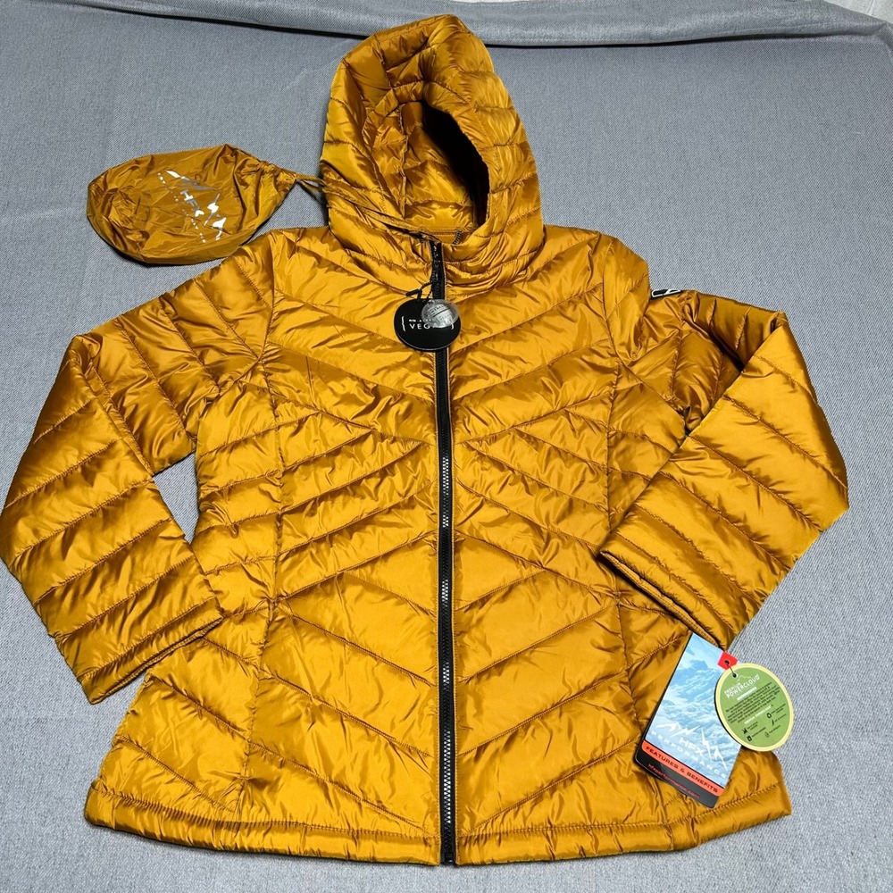 HFX Performance Women Hooded Puffer Jacket L Mustard Yellow Vegan Packable